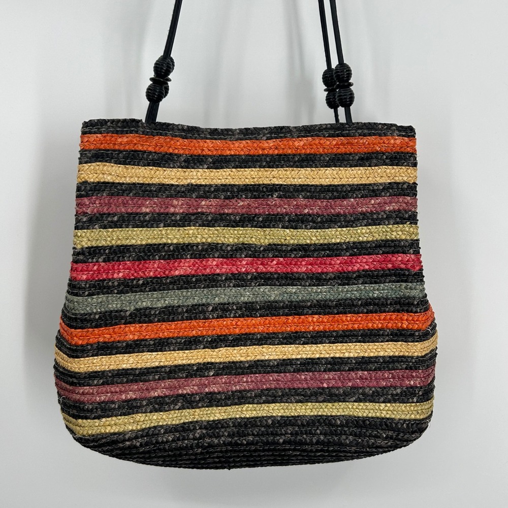 Woven Wheat Straw Striped Shoulder Bag Multi Color Boho Summer Tote Black Straps